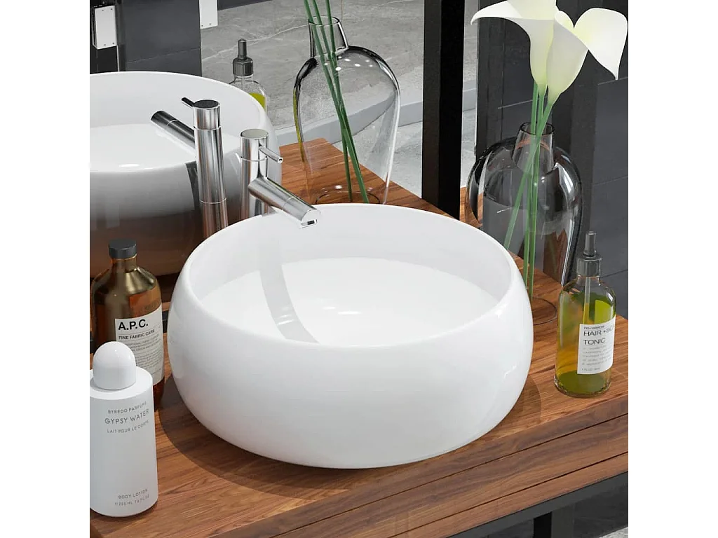 Lavabo rotondo in ceramica bianca 40 x 15 cm