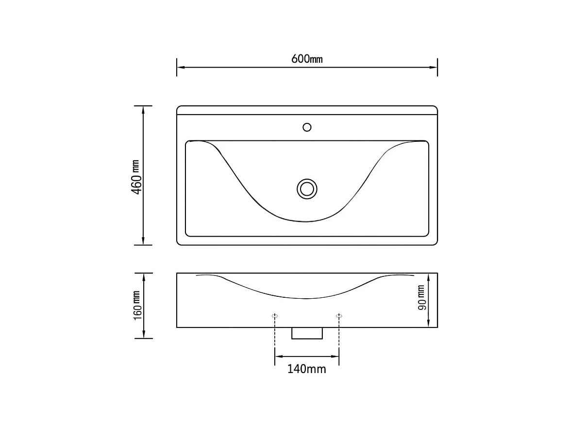 Rechthoekige witte keramische wastafel 60 x 46 cm
