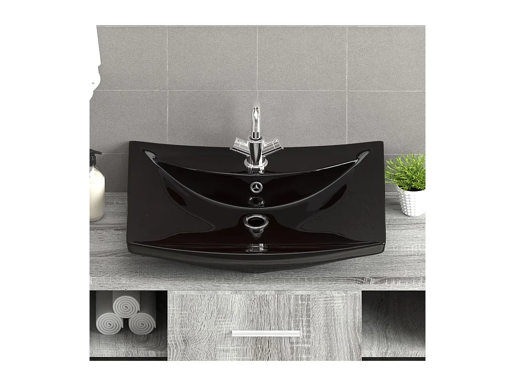 Lavabo rectangular de cerámica negra de lujo con rebosadero y orificio