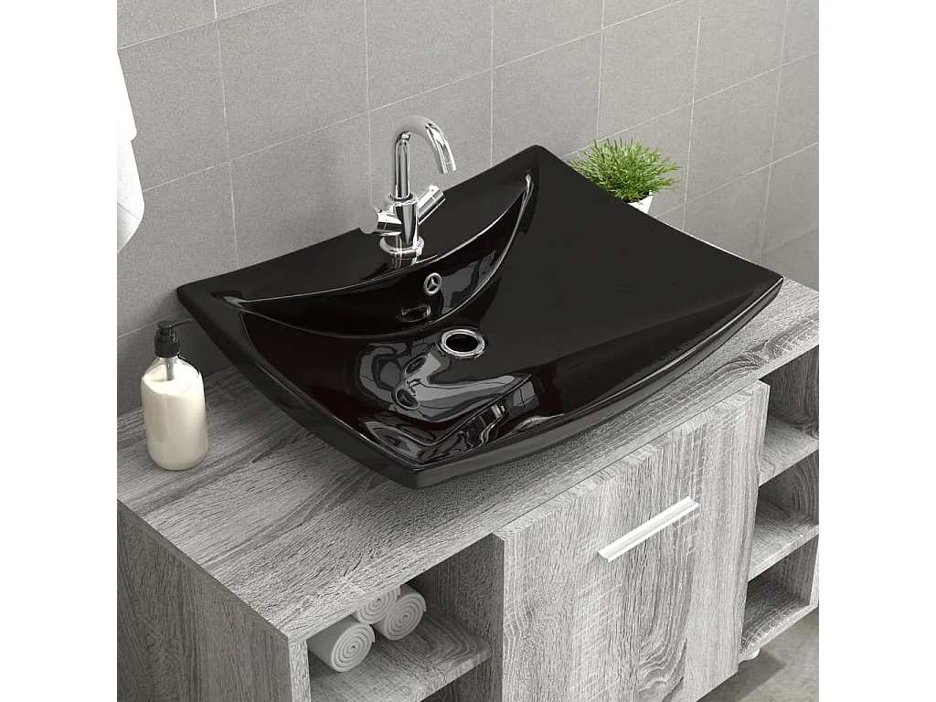 Lavabo rectangular de cerámica negra de lujo con rebosadero y orificio