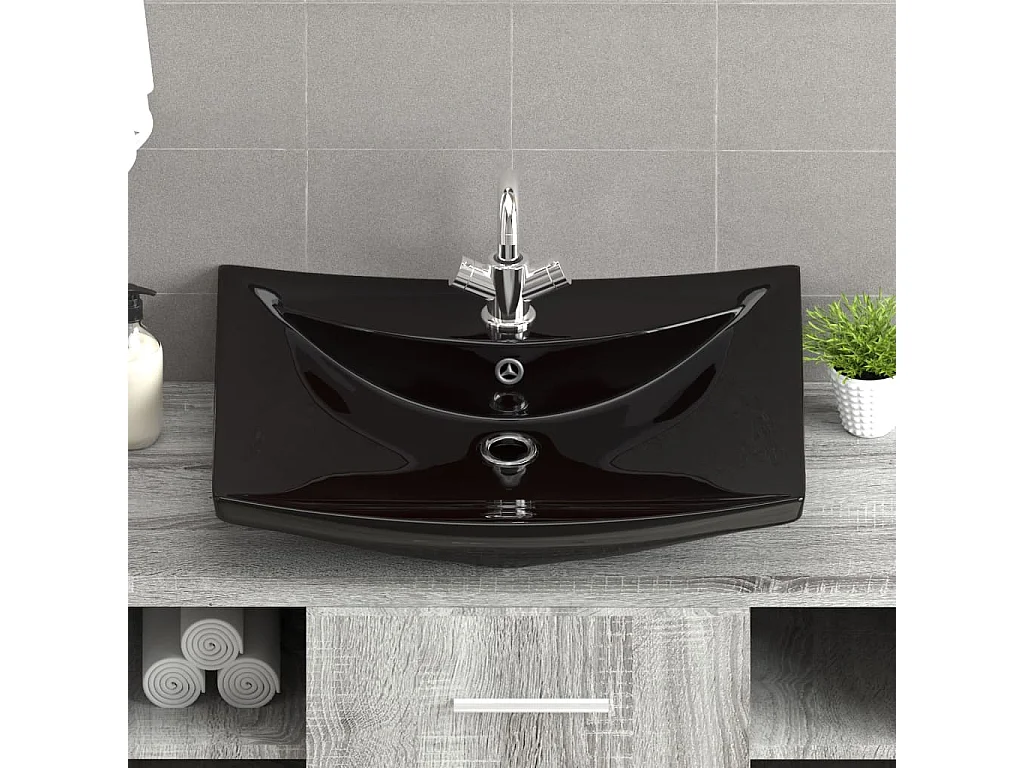 Lavabo rectangular de cerámica negra de lujo con rebosadero y orificio