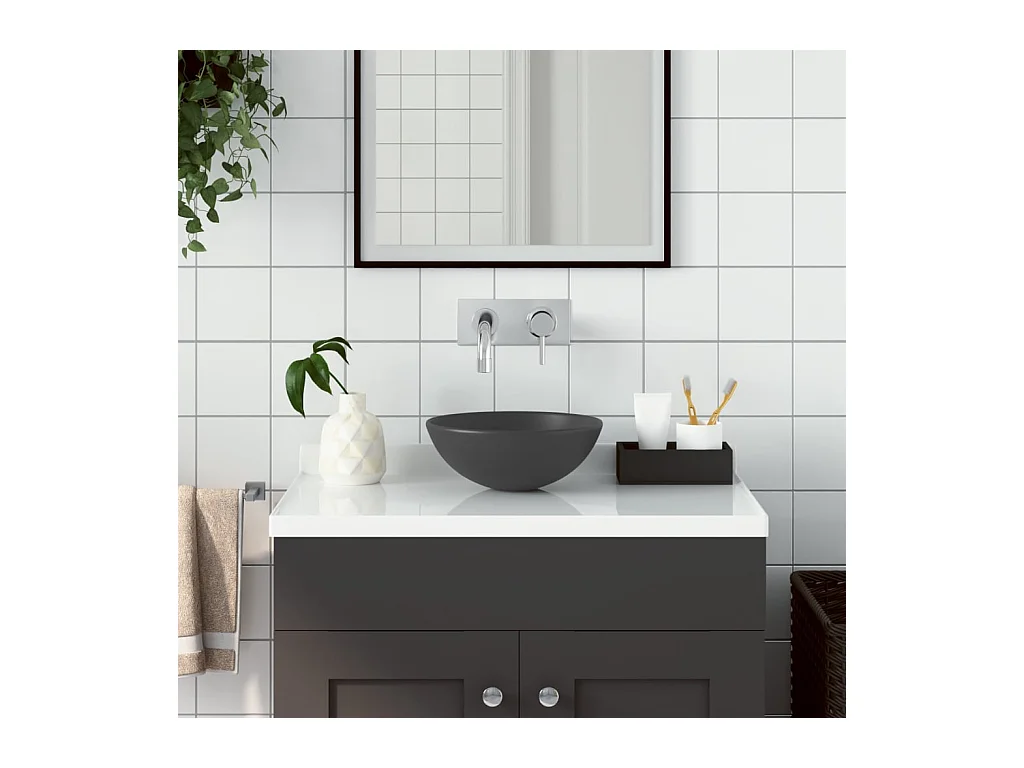 Lavabo de baño redondo de cerámica gris oscuro