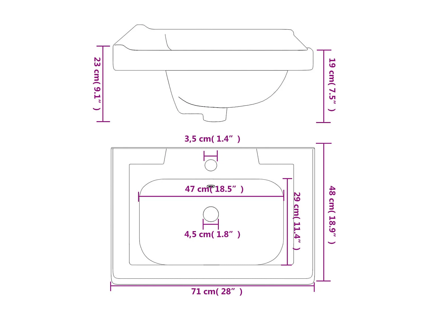 Lavabo de baño blanco 71x48x23cm rectangular de cerámica