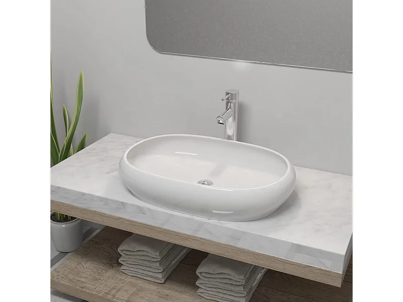 Lavandino da bagno con miscelatore Ceramica Ovale Bianco