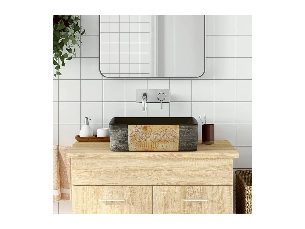 Lavabo sobre encimera rectangular de cerámica negra y marrón