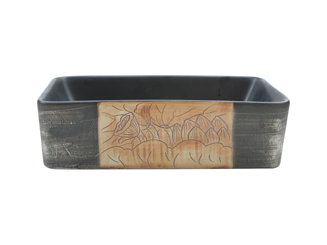 Lavabo sobre encimera rectangular de cerámica negra y marrón