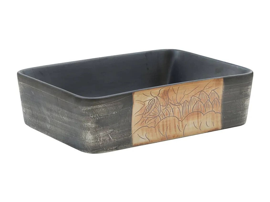 Lavabo sobre encimera rectangular de cerámica negra y marrón