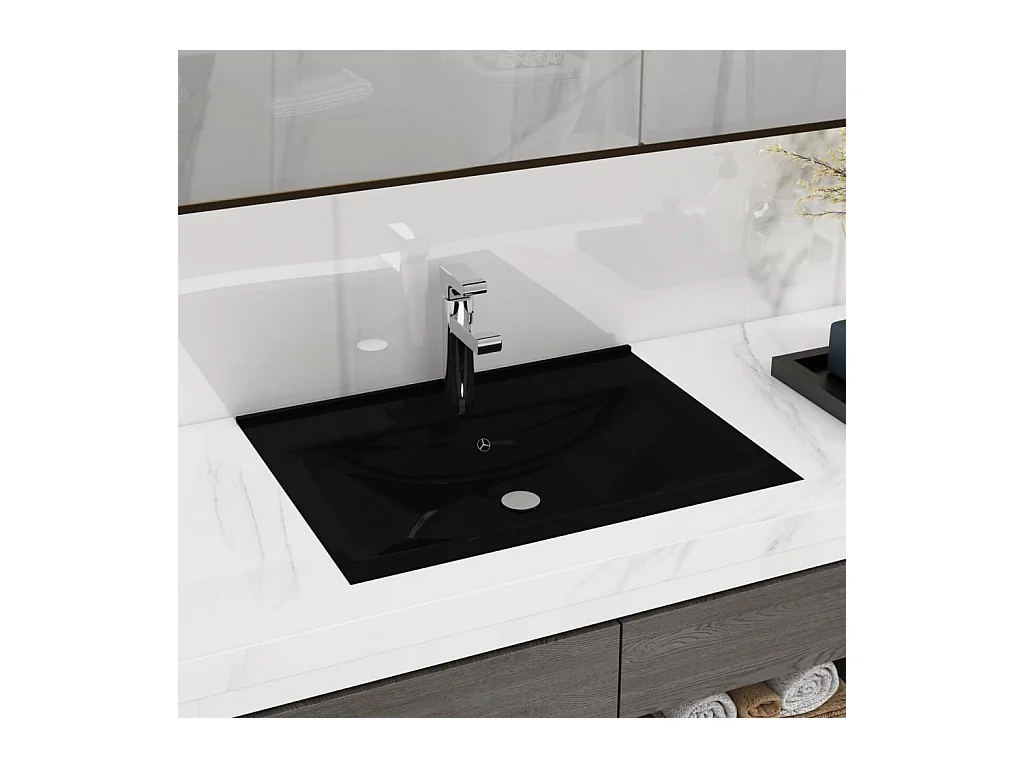 Lavabo da appoggio in ceramica nera con fori per rubinetto 60x46cm