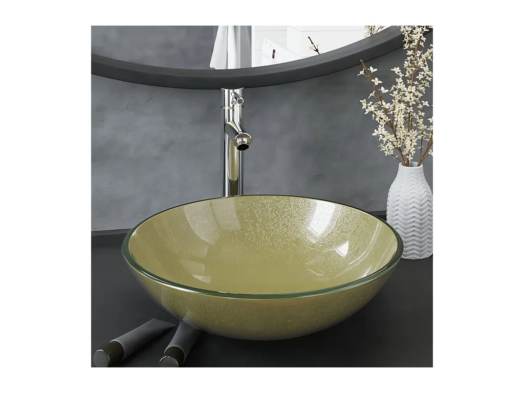 Lavandino del bagno con rubinetto e scarico a pulsante in vetro temperato