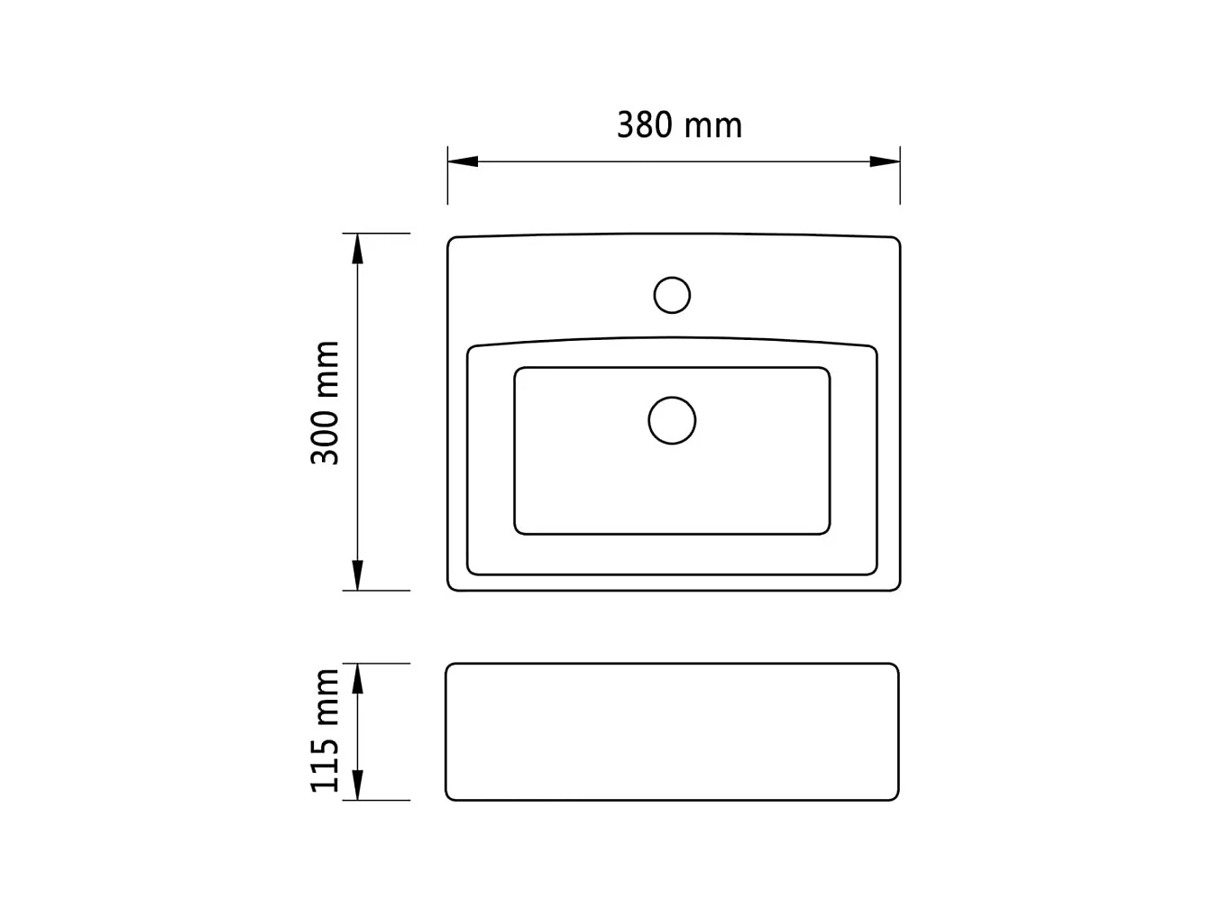 Rechthoekige zwarte keramische wastafel met gat voor de badkamer
