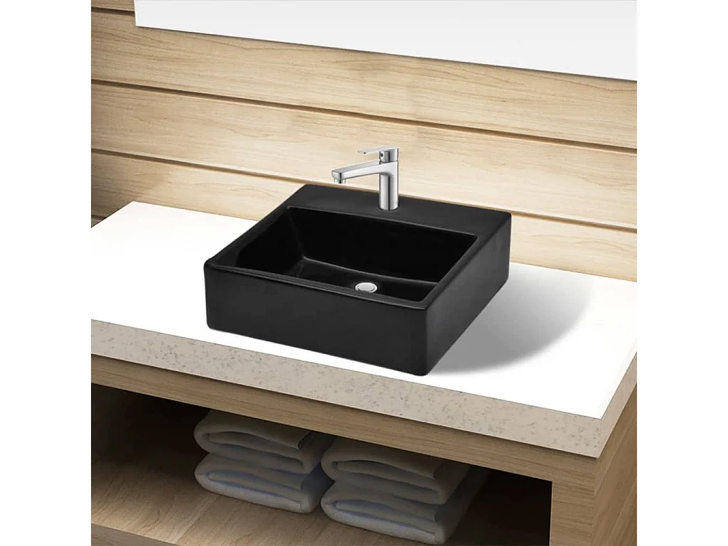 Lavabo rectangular de cerámica negra con orificio para baño