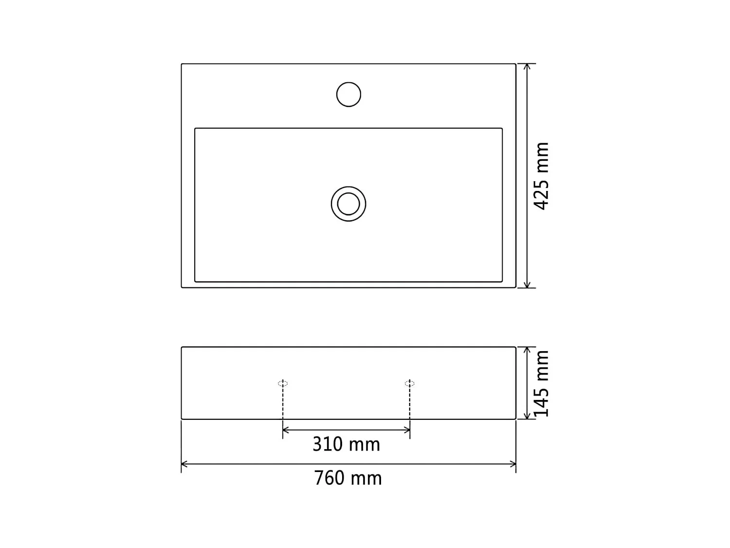 Schwarzes Keramikwaschbecken mit Hahnloch 76x42,5x14,5 cm