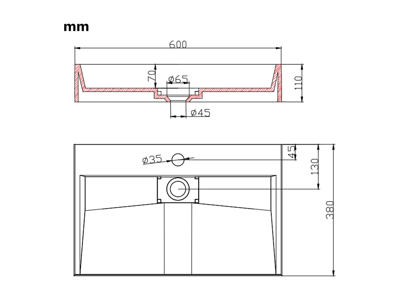 Wastafel 60x38x11 cm Mineraal gegoten/marmer Wit
