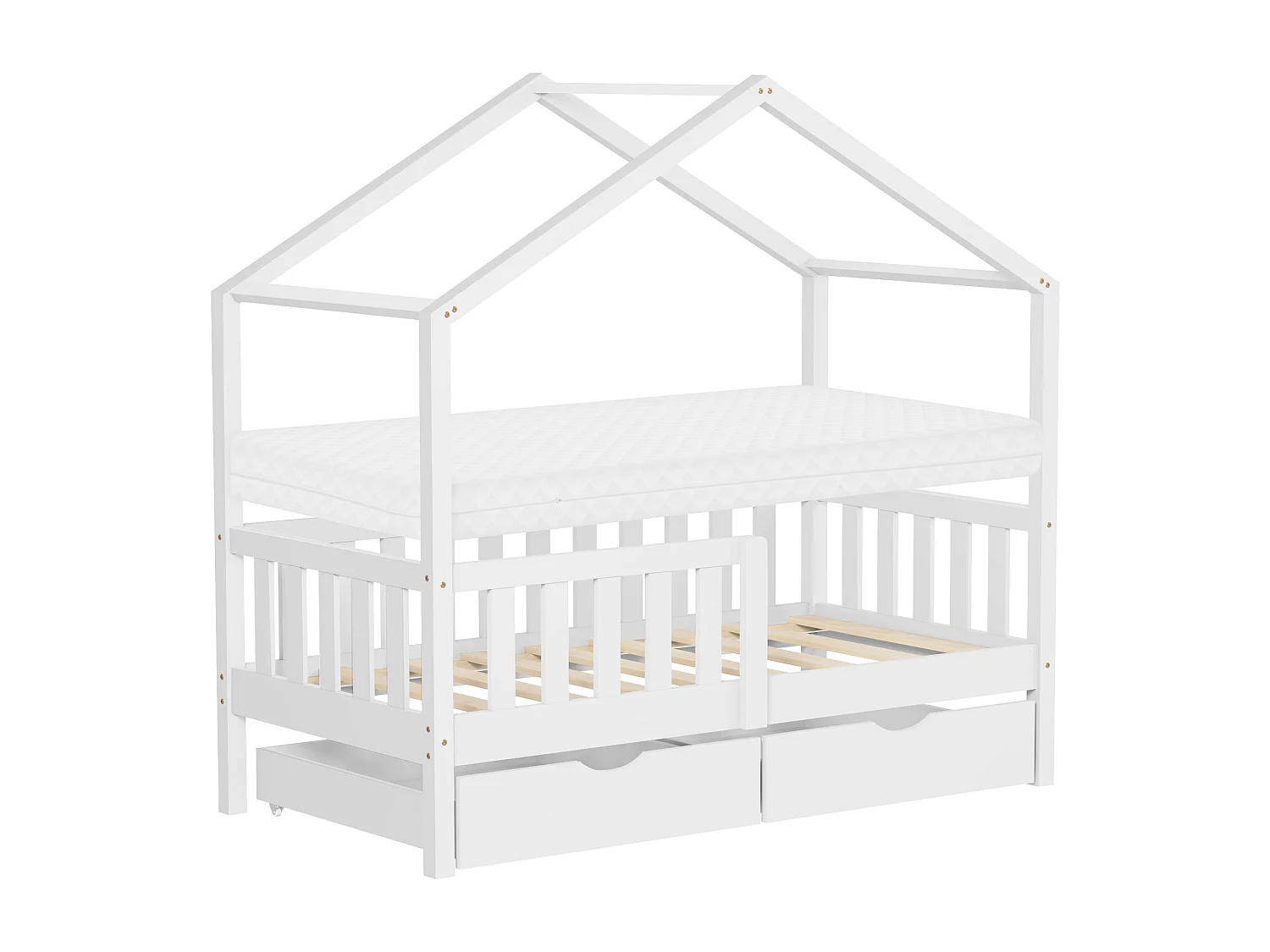 Lit cabane enfant 70x140 cm blanc avec matelas et 2 tiroirs en bois de pin massif protection antichute toit et sommier à lattes cadre montessori