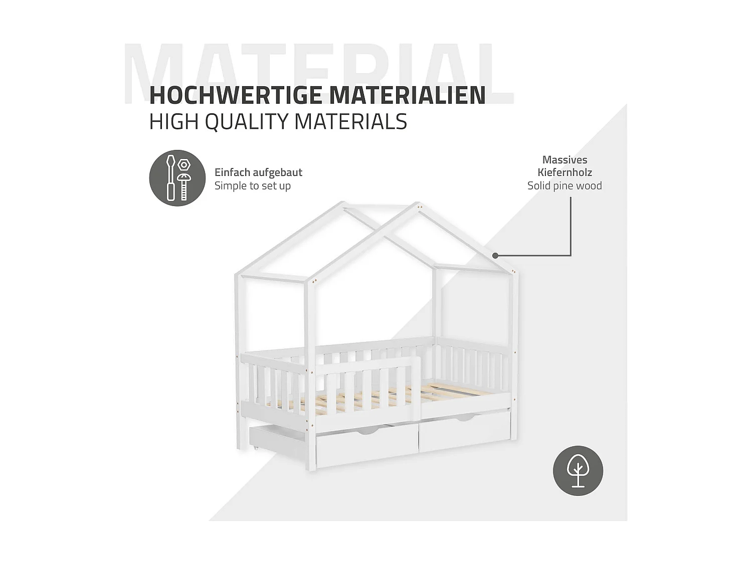 Lit cabane enfant 70x140 cm blanc avec matelas et 2 tiroirs en bois de pin massif protection antichute toit et sommier à lattes cadre montessori