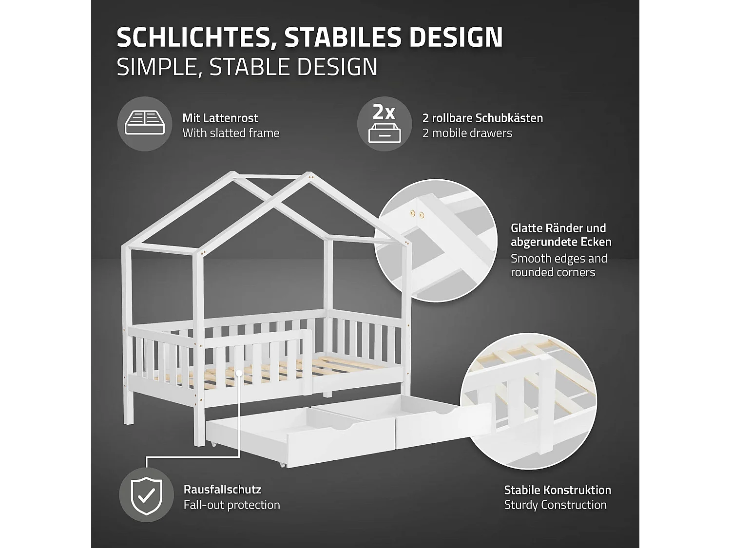 Lit cabane enfant 70x140 cm blanc avec matelas et 2 tiroirs en bois de pin massif protection antichute toit et sommier à lattes cadre montessori