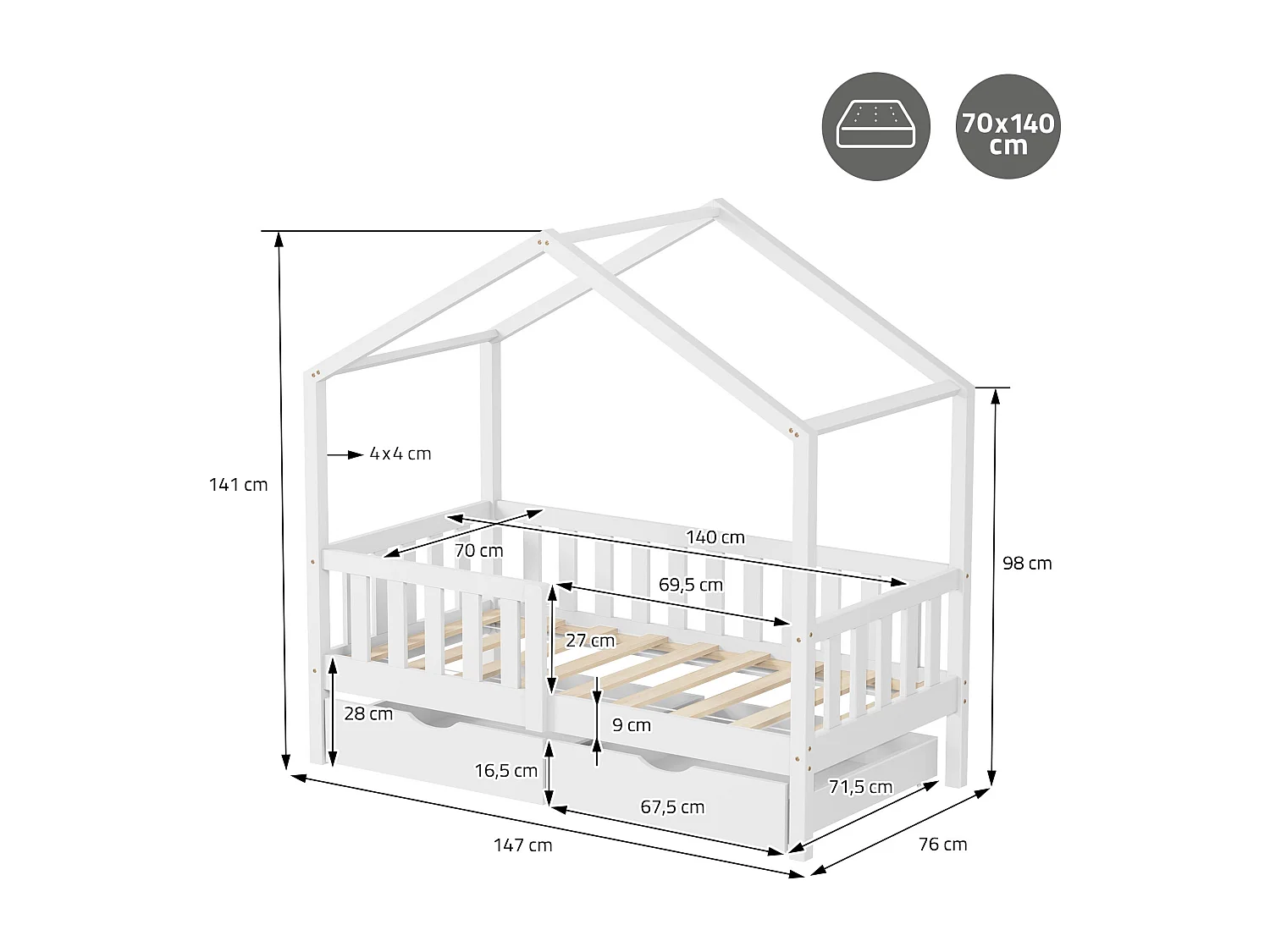 Lit cabane enfant 70x140 cm blanc avec matelas et 2 tiroirs en bois de pin massif protection antichute toit et sommier à lattes cadre montessori