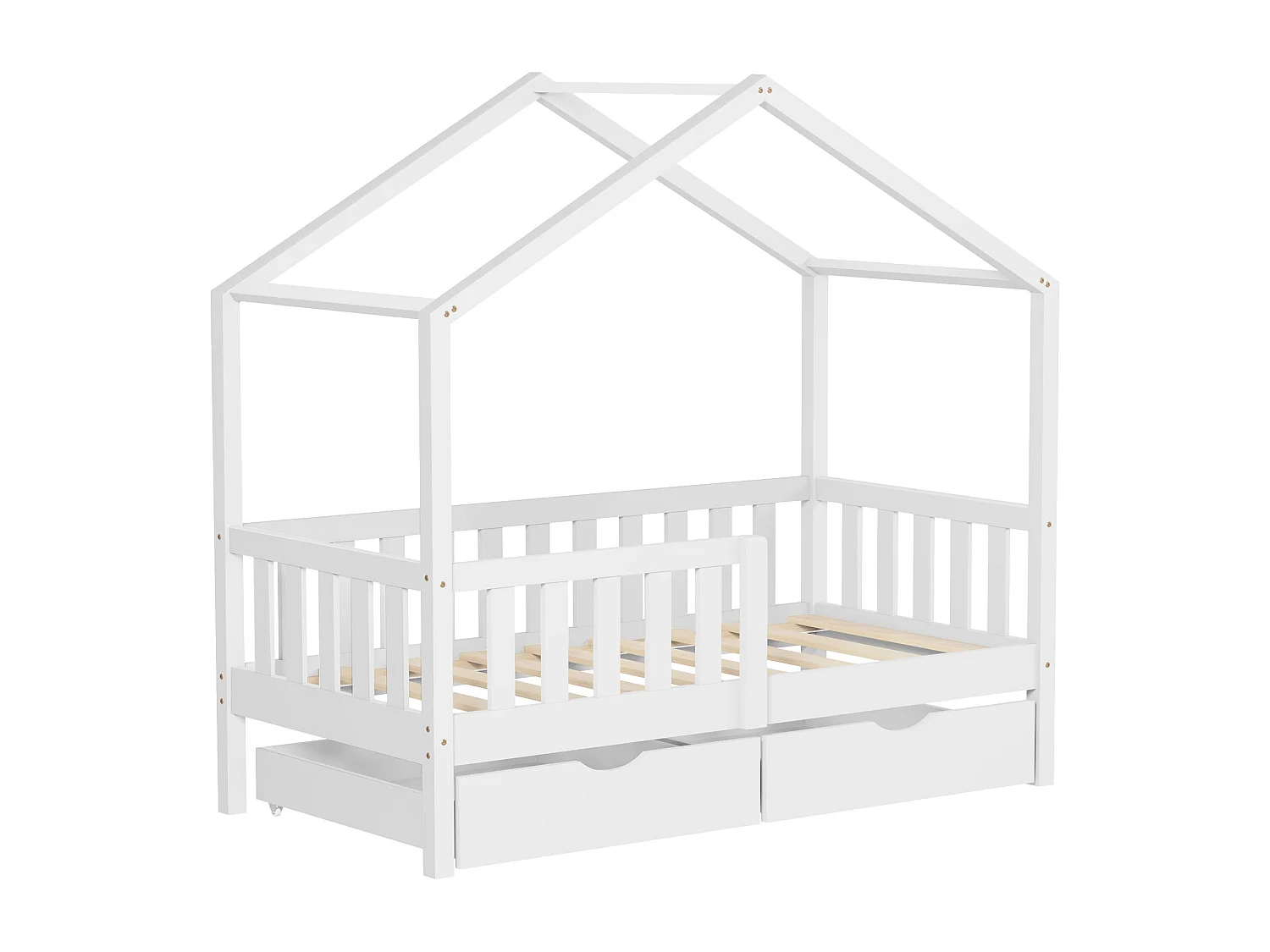 Lit cabane enfant 70x140cm blanc en bois avec 2 tiroirs protection antichute toit et sommier à lattes couchage au bas style maison pour fille garçon