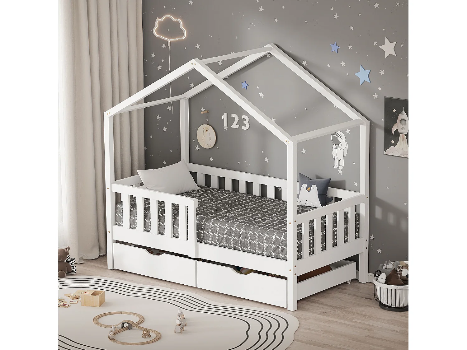 Lit cabane enfant 70x140cm blanc en bois avec 2 tiroirs protection antichute toit et sommier à lattes couchage au bas style maison pour fille garçon