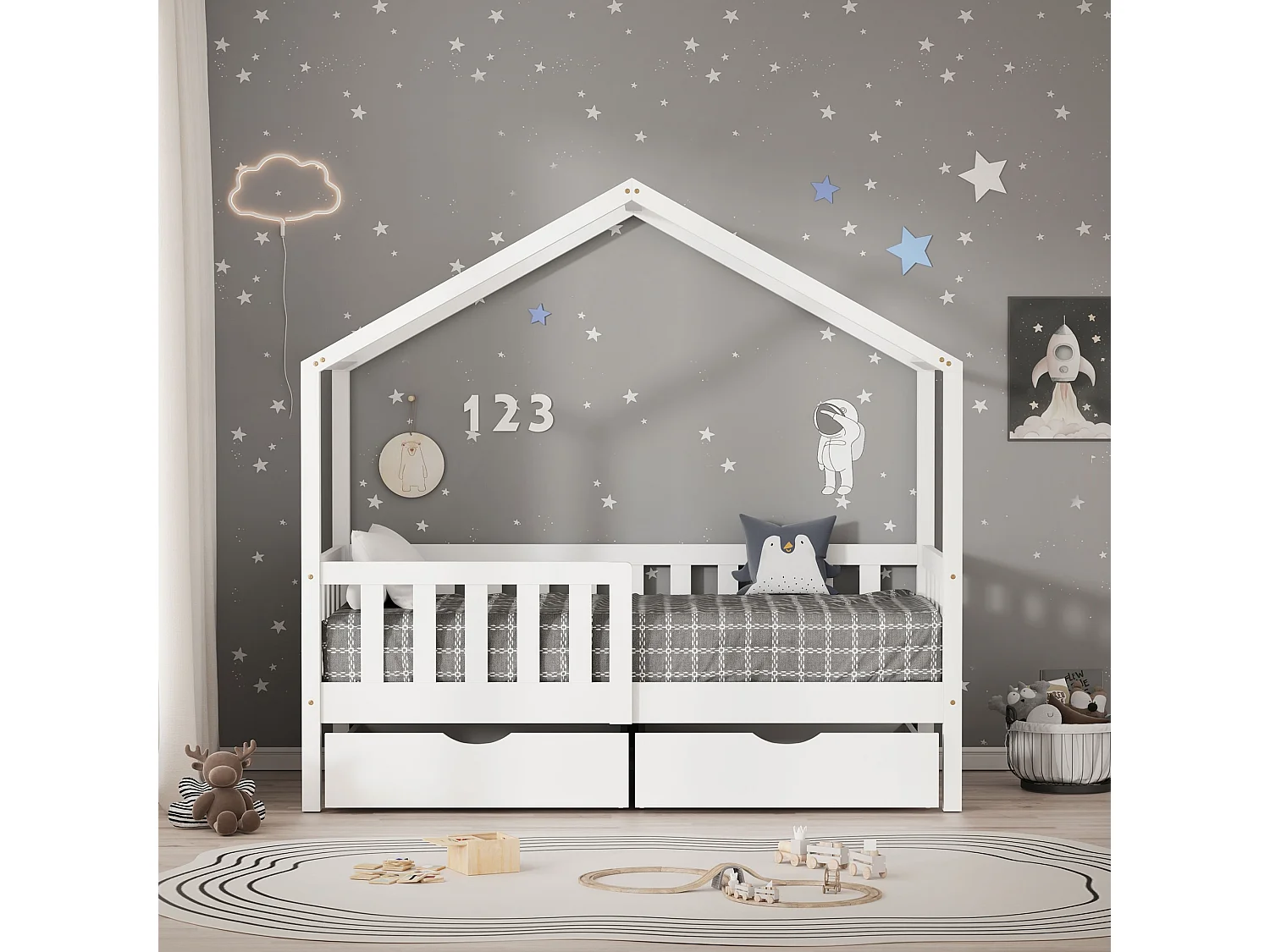 Lit cabane enfant 70x140cm blanc en bois avec 2 tiroirs protection antichute toit et sommier à lattes couchage au bas style maison pour fille garçon