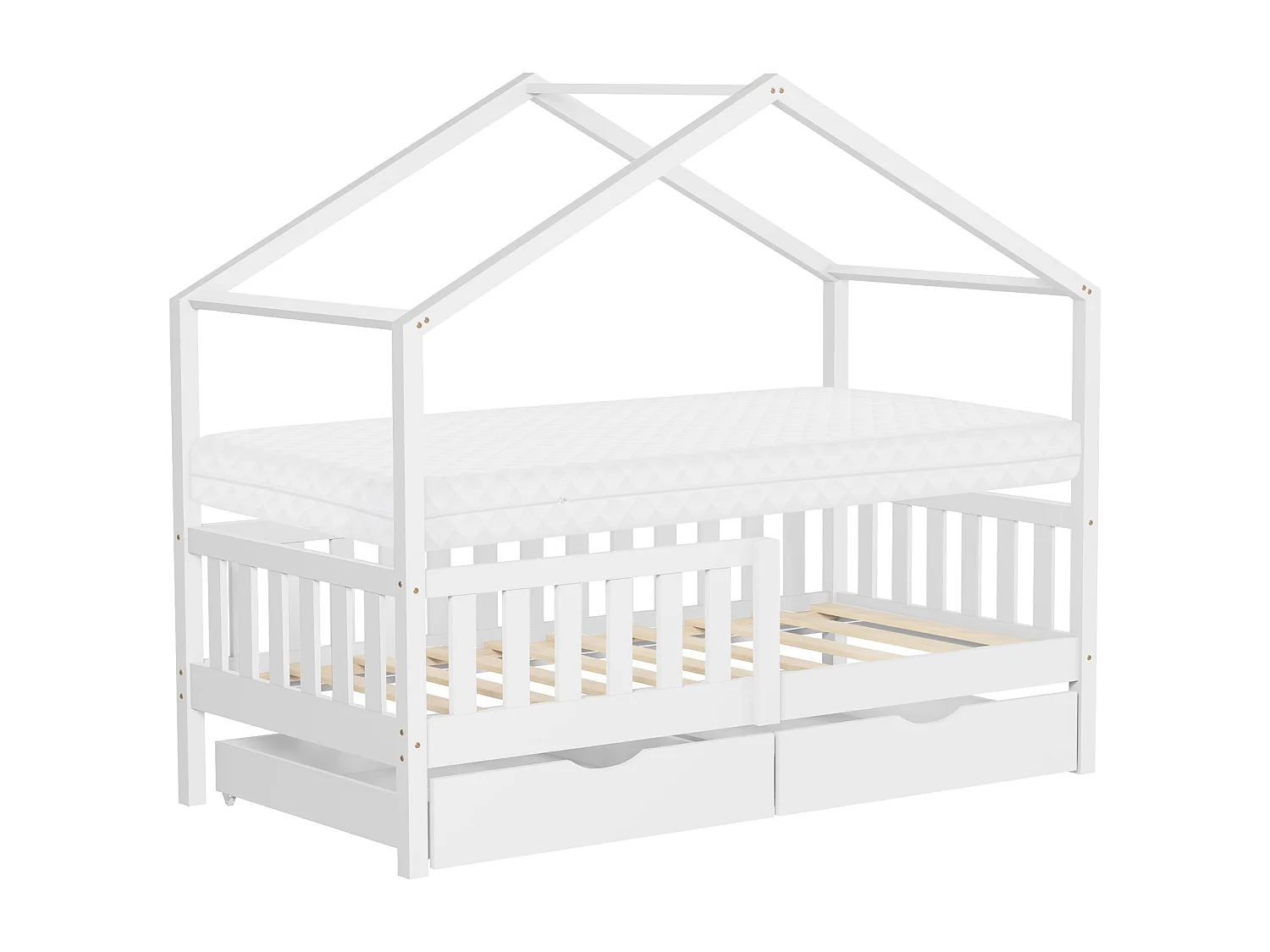 Lit cabane enfant 80x160 cm blanc avec matelas et 2 tiroirs en bois de pin massif protection antichute toit et sommier à lattes cadre montessori