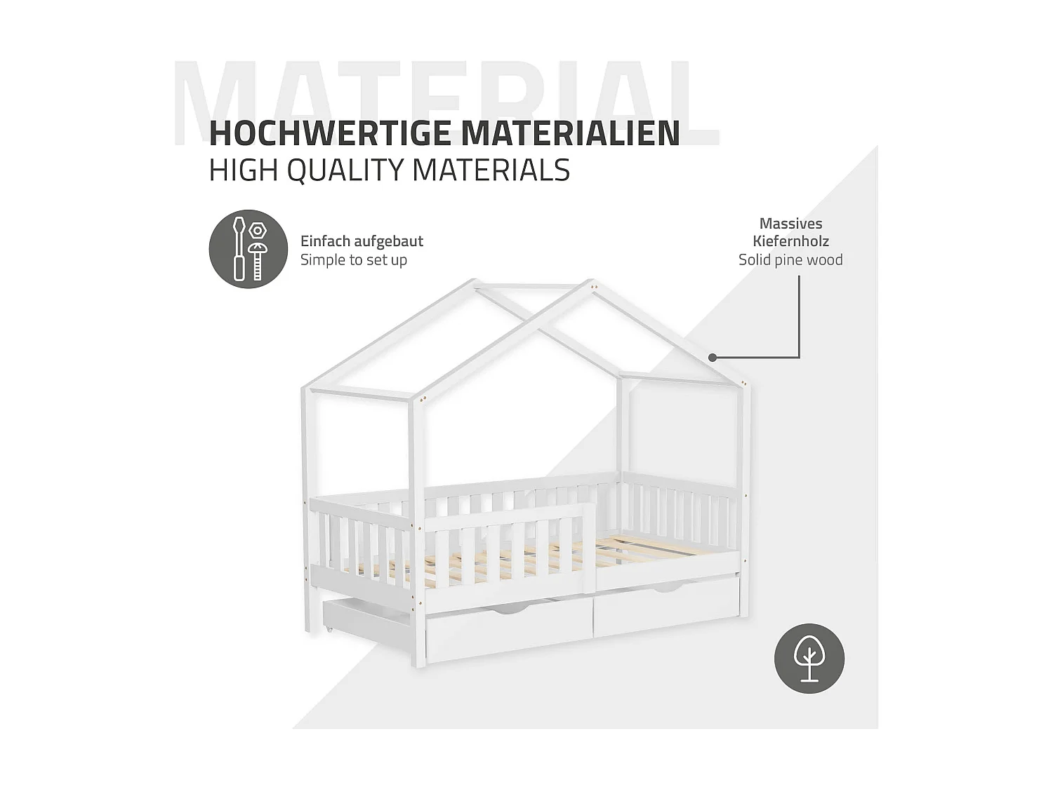 Lit cabane enfant 80x160 cm blanc avec matelas et 2 tiroirs en bois de pin massif protection antichute toit et sommier à lattes cadre montessori