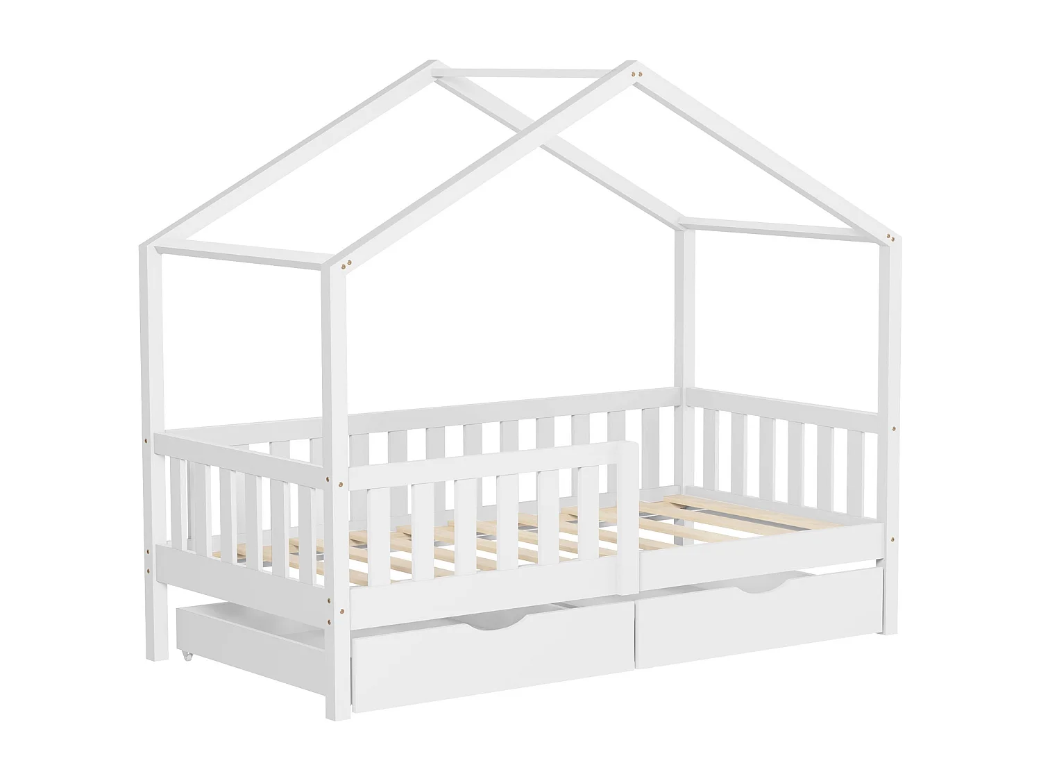 Lit cabane enfant 80x160cm blanc en bois avec 2 tiroirs protection antichute toit et sommier à lattes couchage au bas style maison pour fille garçon
