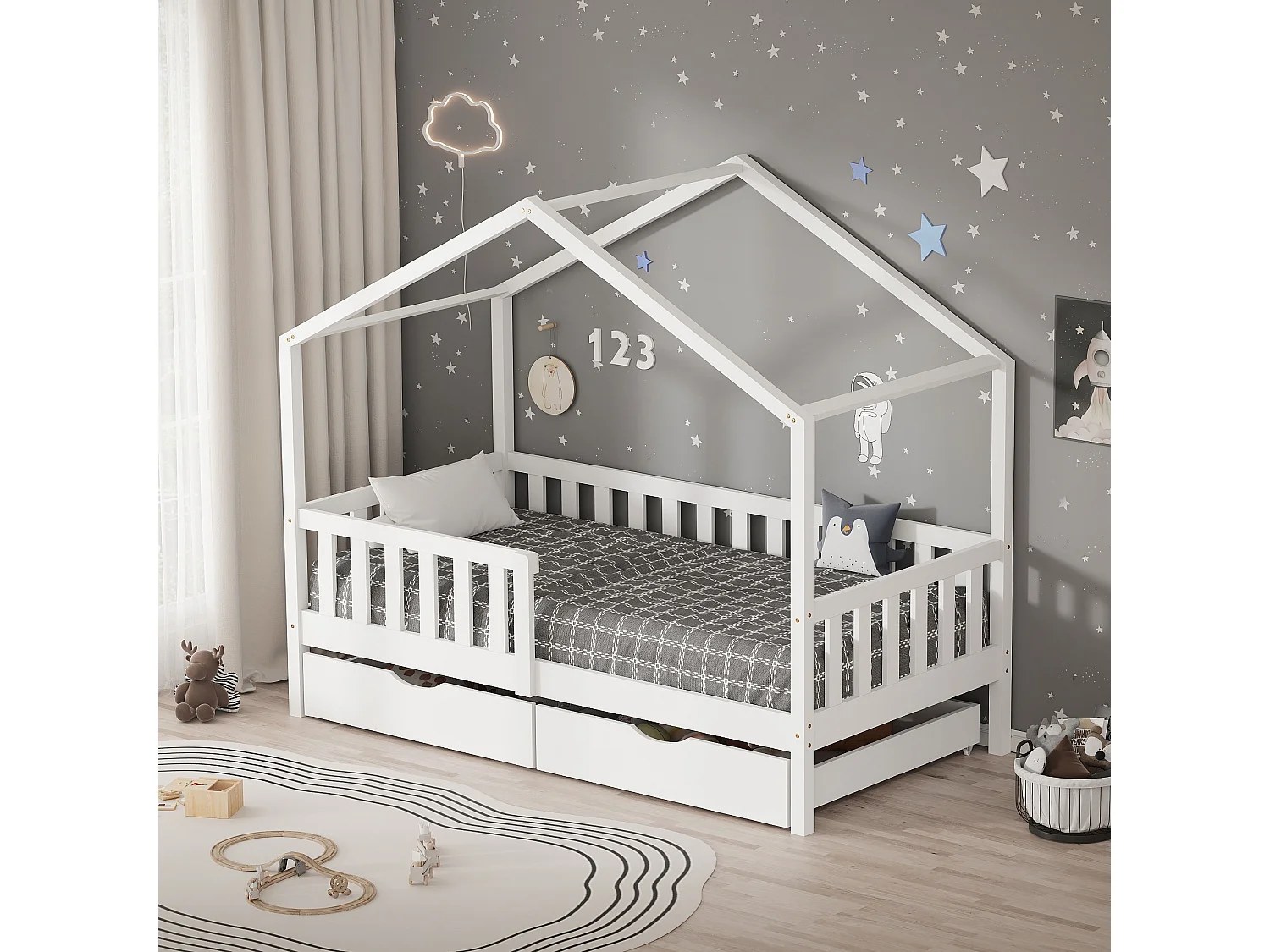 Lit cabane enfant 80x160cm blanc en bois avec 2 tiroirs protection antichute toit et sommier à lattes couchage au bas style maison pour fille garçon