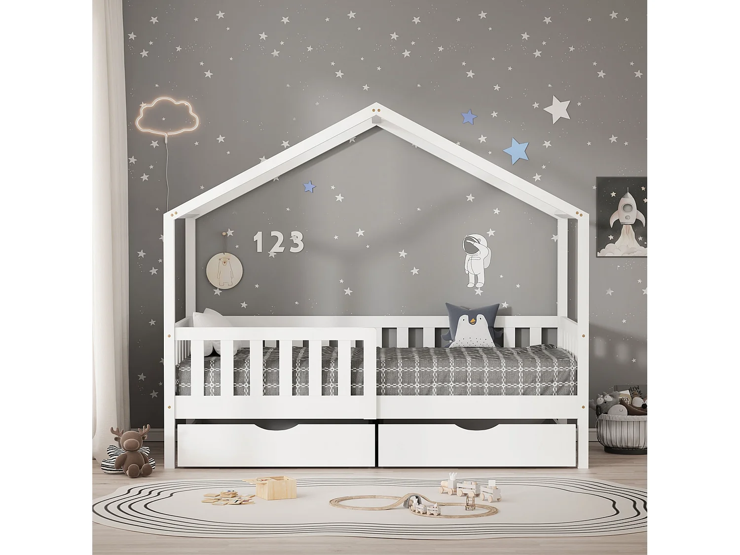 Lit cabane enfant 80x160cm blanc en bois avec 2 tiroirs protection antichute toit et sommier à lattes couchage au bas style maison pour fille garçon