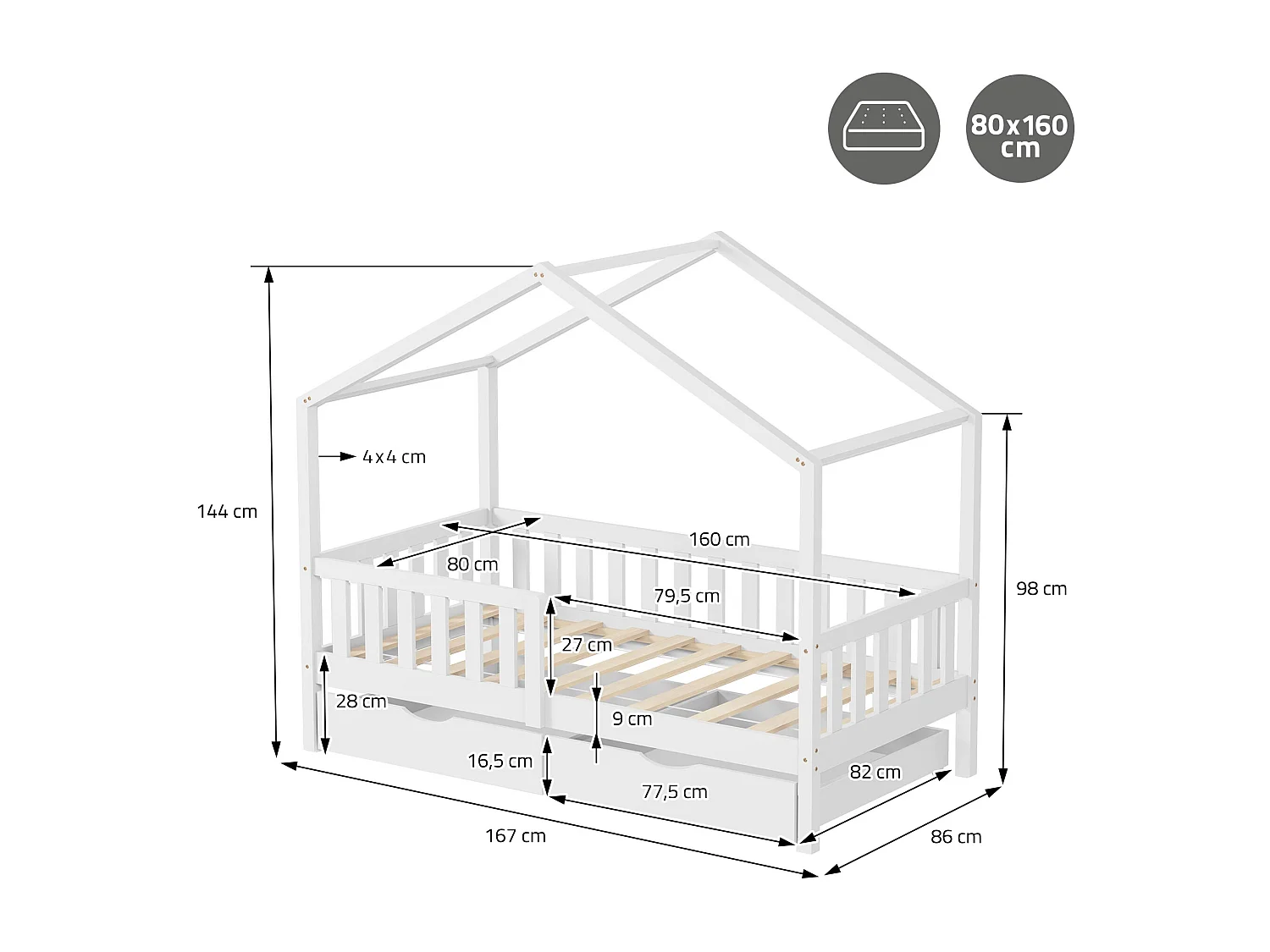 Lit cabane enfant 80x160cm blanc en bois avec 2 tiroirs protection antichute toit et sommier à lattes couchage au bas style maison pour fille garçon