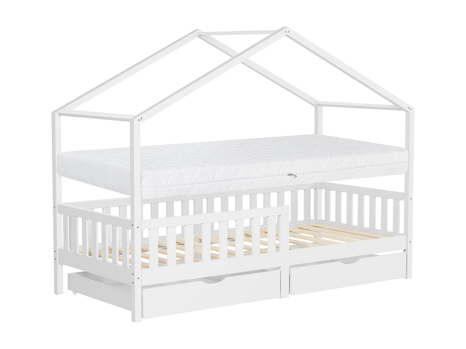 Lit cabane enfant 90x200 cm blanc avec matelas H16 cm et 2 tiroirs en bois massif protection antichute toit et sommier à lattes cadre montessori