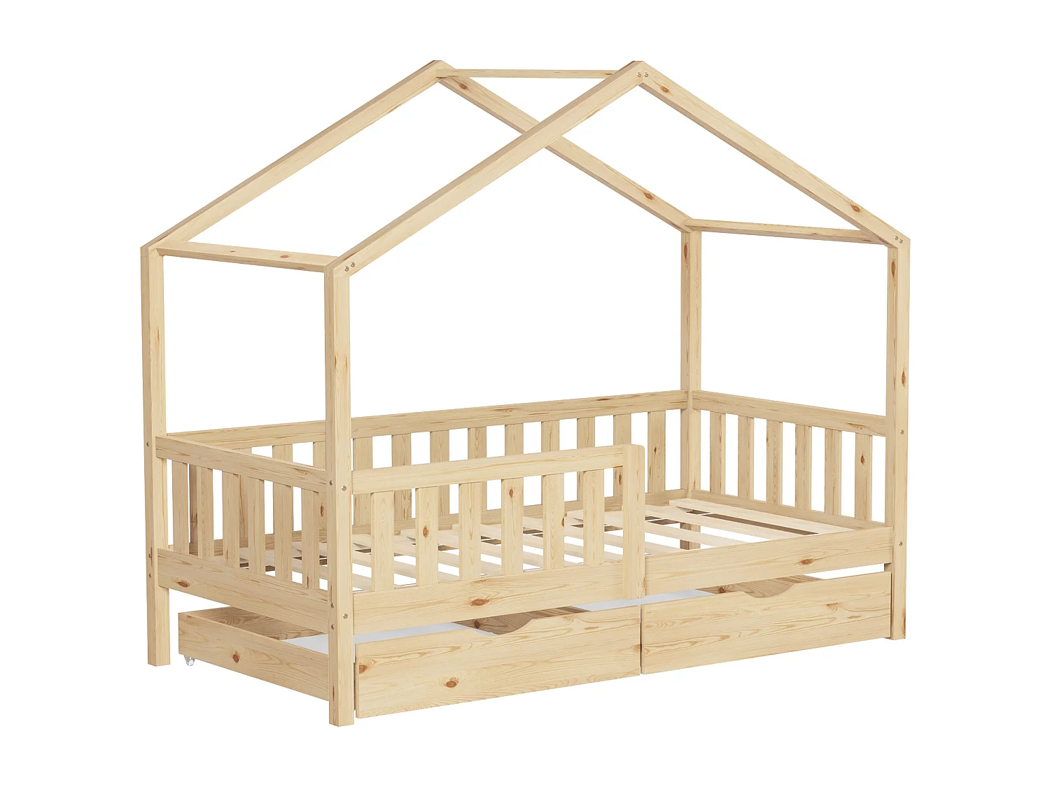 Lit cabane enfant 80x160cm naturel en bois avec 2 tiroirs protection antichute toit et sommier à lattes couchage au bas style maison pour fille garçon