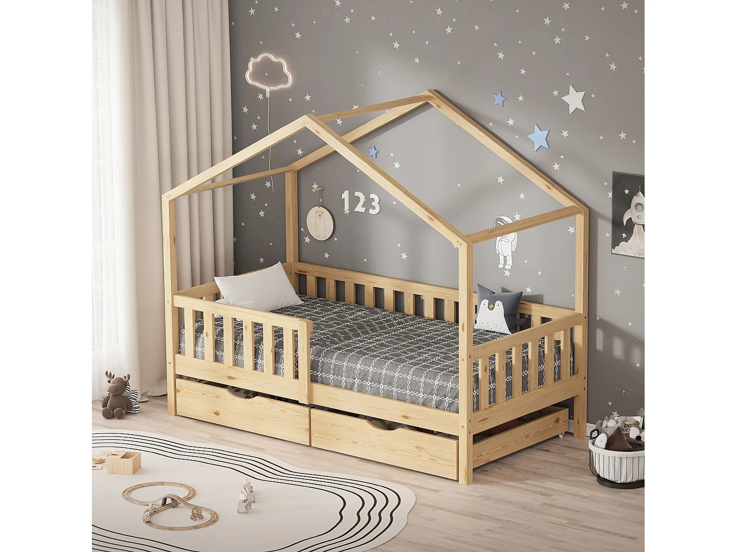 Lit cabane enfant 80x160cm naturel en bois avec 2 tiroirs protection antichute toit et sommier à lattes couchage au bas style maison pour fille garçon
