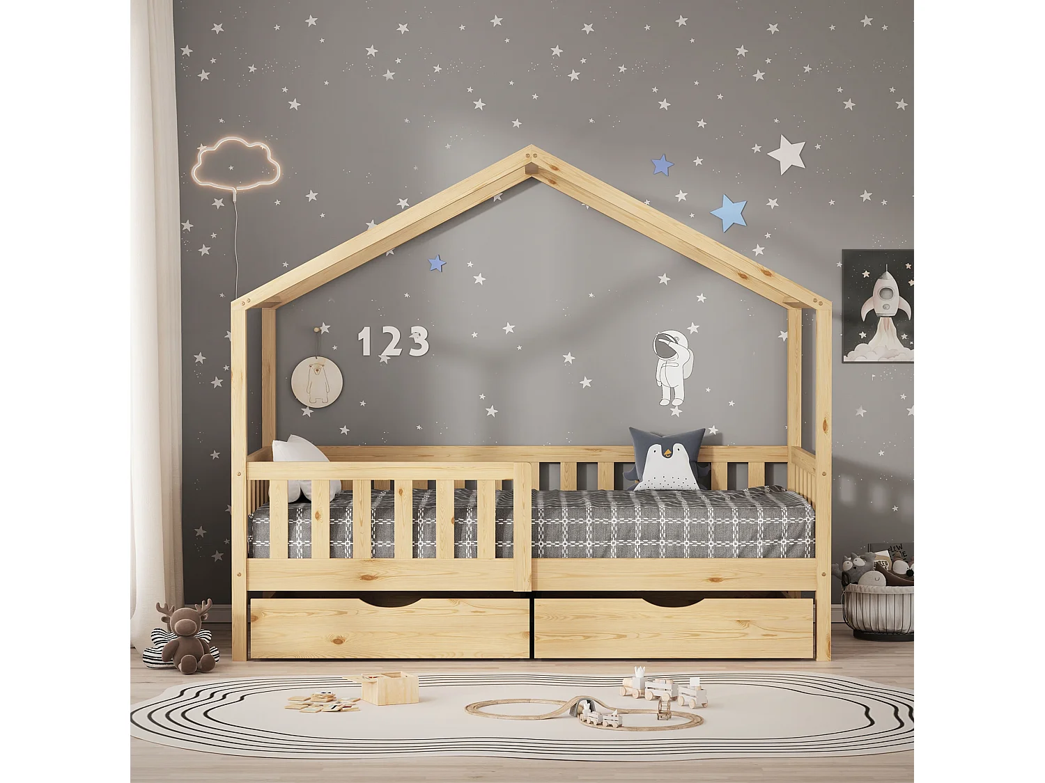 Lit cabane enfant 80x160cm naturel en bois avec 2 tiroirs protection antichute toit et sommier à lattes couchage au bas style maison pour fille garçon
