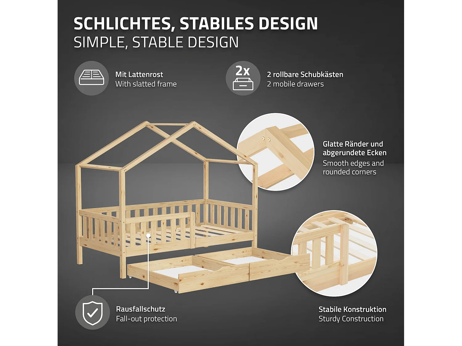 Lit cabane enfant 80x160cm naturel en bois avec 2 tiroirs protection antichute toit et sommier à lattes couchage au bas style maison pour fille garçon