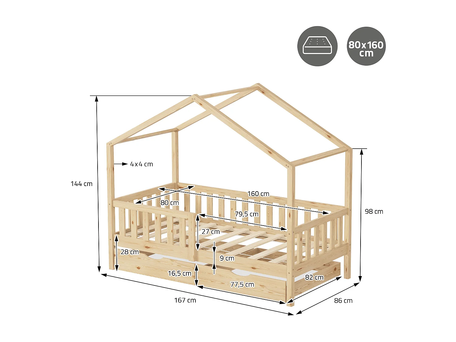Lit cabane enfant 80x160cm naturel en bois avec 2 tiroirs protection antichute toit et sommier à lattes couchage au bas style maison pour fille garçon