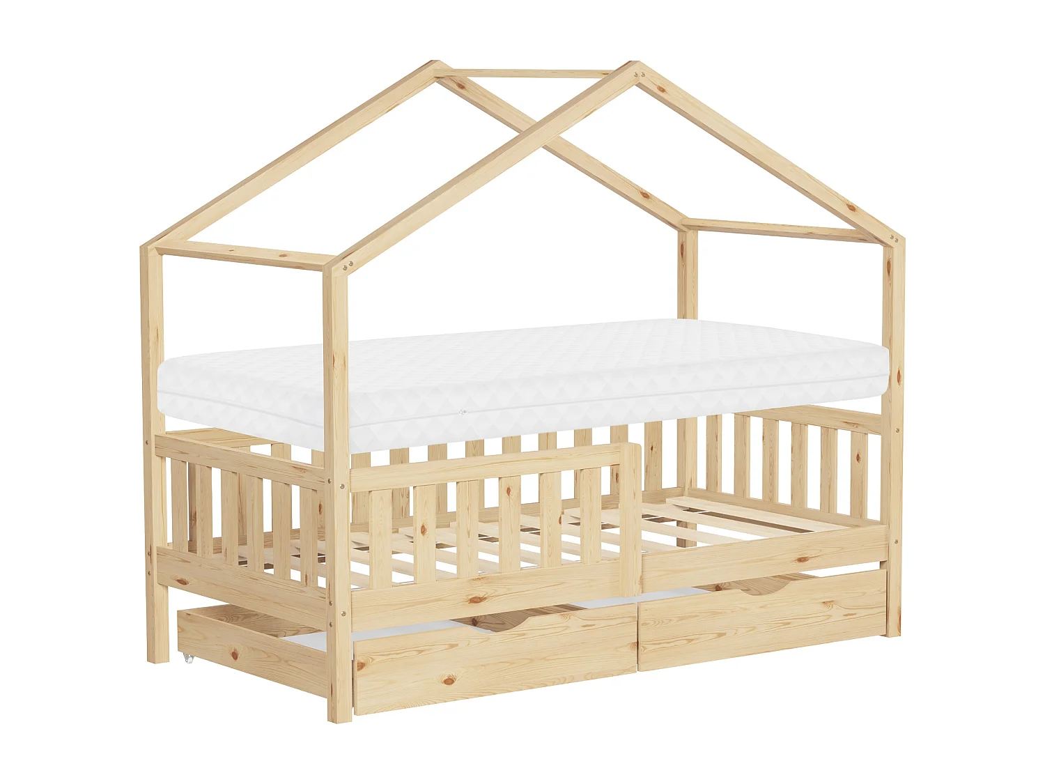 Lit cabane enfant 80x160 cm naturel avec matelas et 2 tiroirs en bois de pin massif protection antichute toit et sommier à lattes cadre montessori