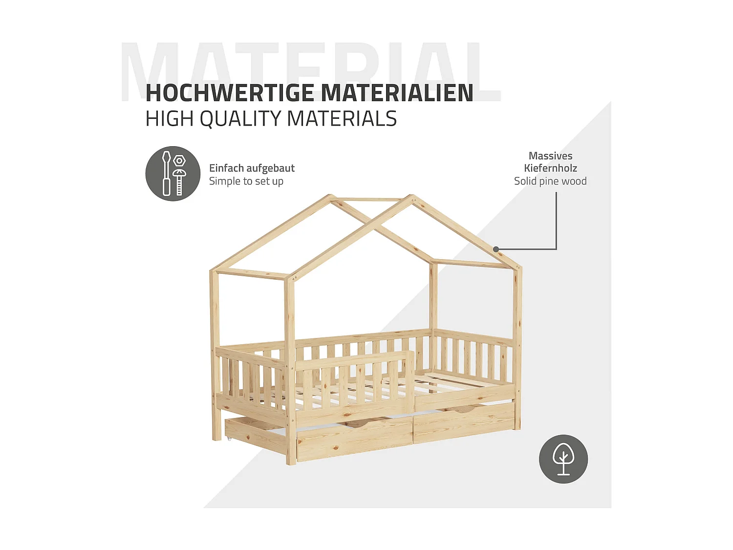 Lit cabane enfant 80x160 cm naturel avec matelas et 2 tiroirs en bois de pin massif protection antichute toit et sommier à lattes cadre montessori
