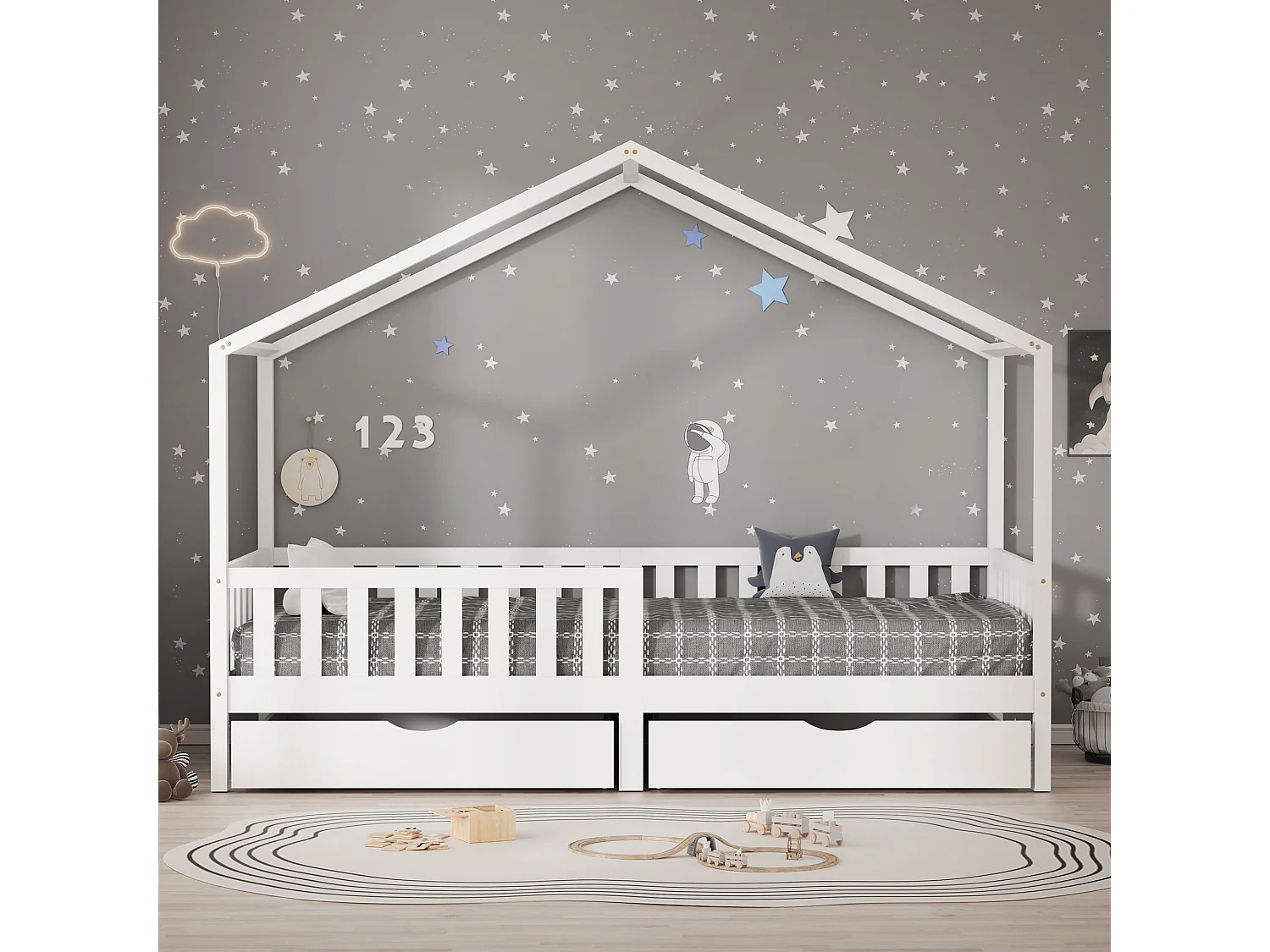 ML-Design Cama infantil forma casa 90x200cm madera blanca maciza de pino litera junior con 2 cajones, somier de láminas, techo y protección anticaída