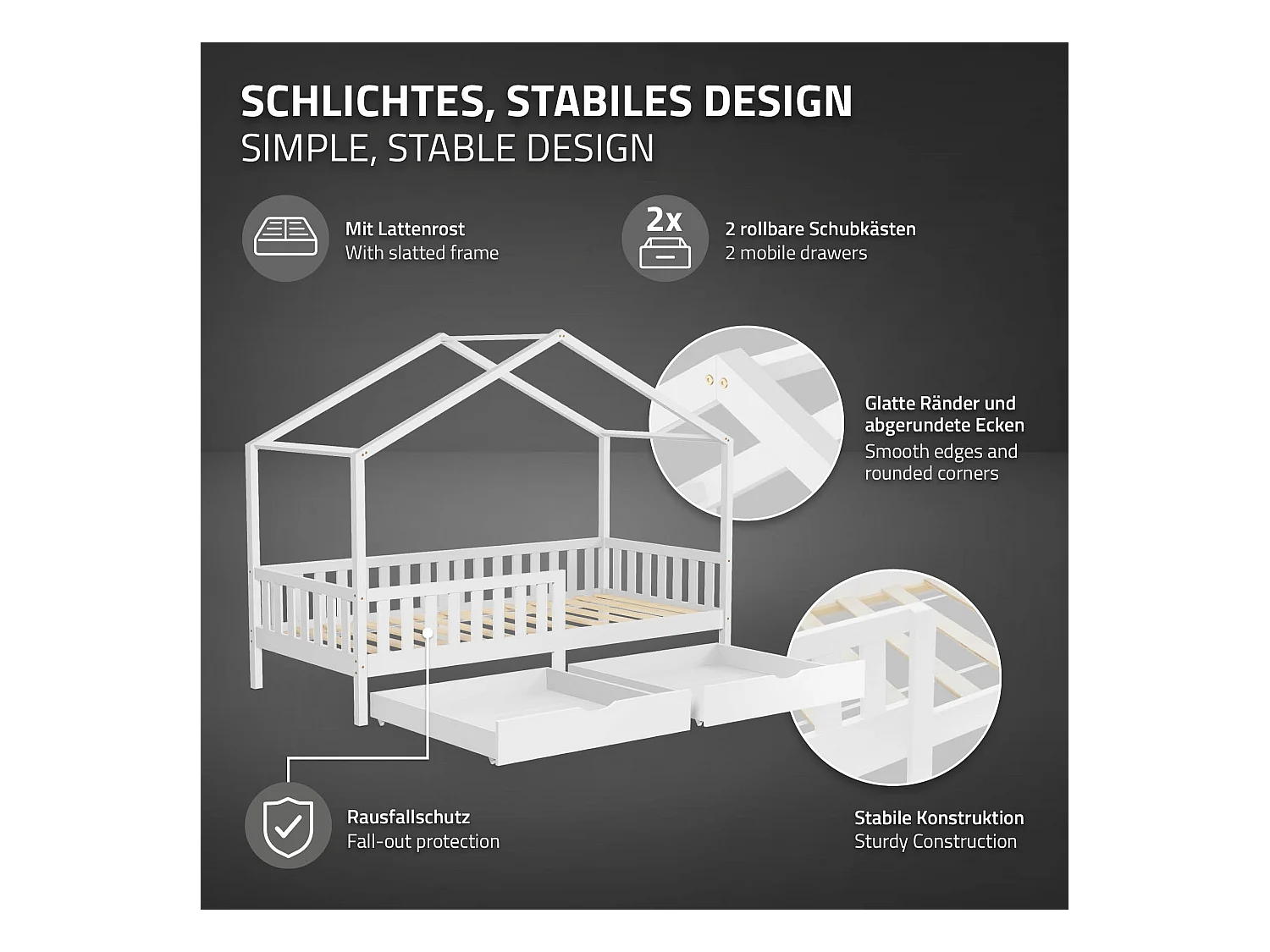 ML-Design Letto a casetta per bambini 90x200 cm in legno di pino naturale con 2 cassetti contenitore e rete a doghe, letto per cameretta bimbi