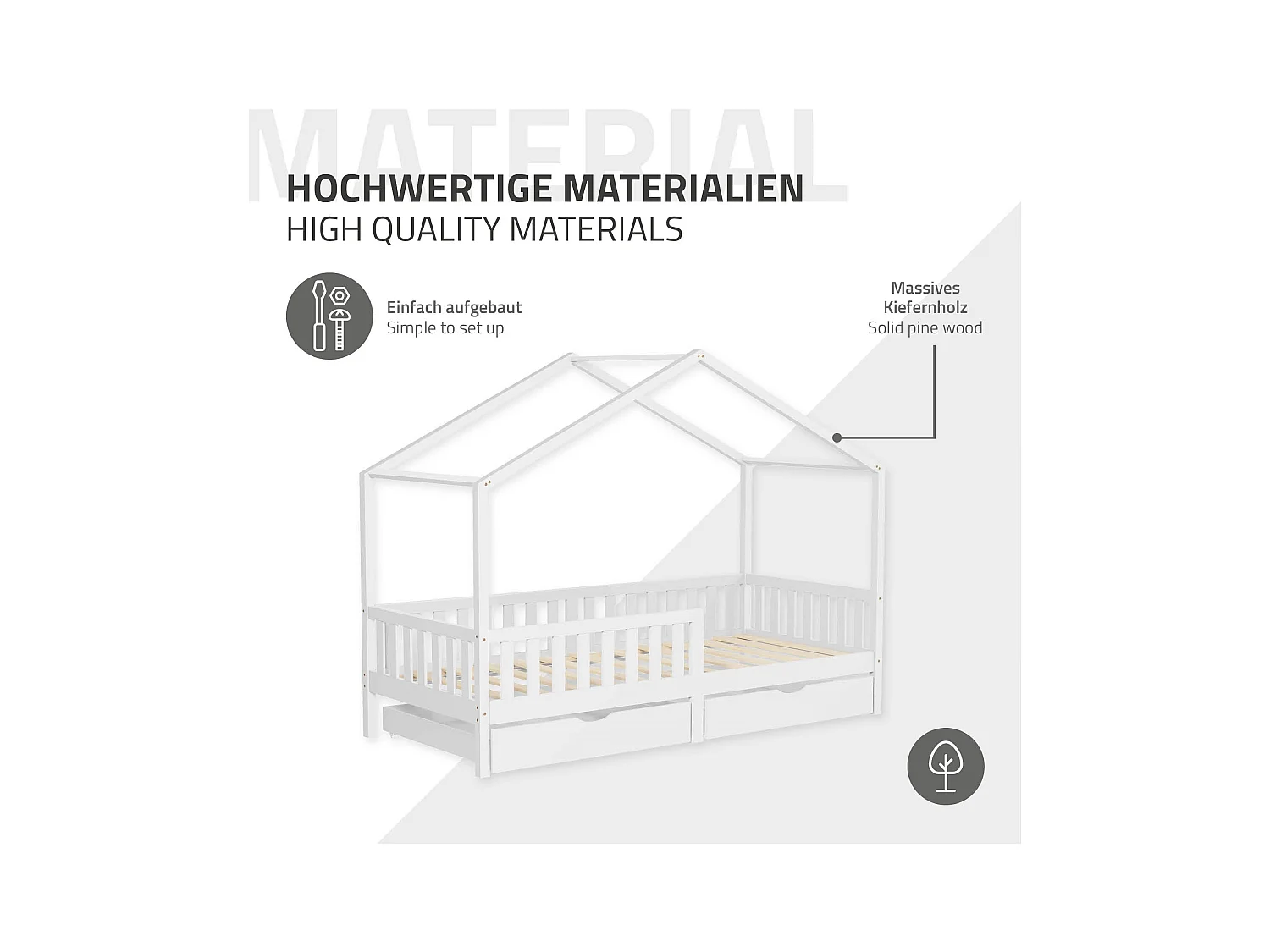 ML-Design Letto a casetta per bambini 90x200 cm in legno di pino naturale con 2 cassetti contenitore e rete a doghe, letto per cameretta bimbi