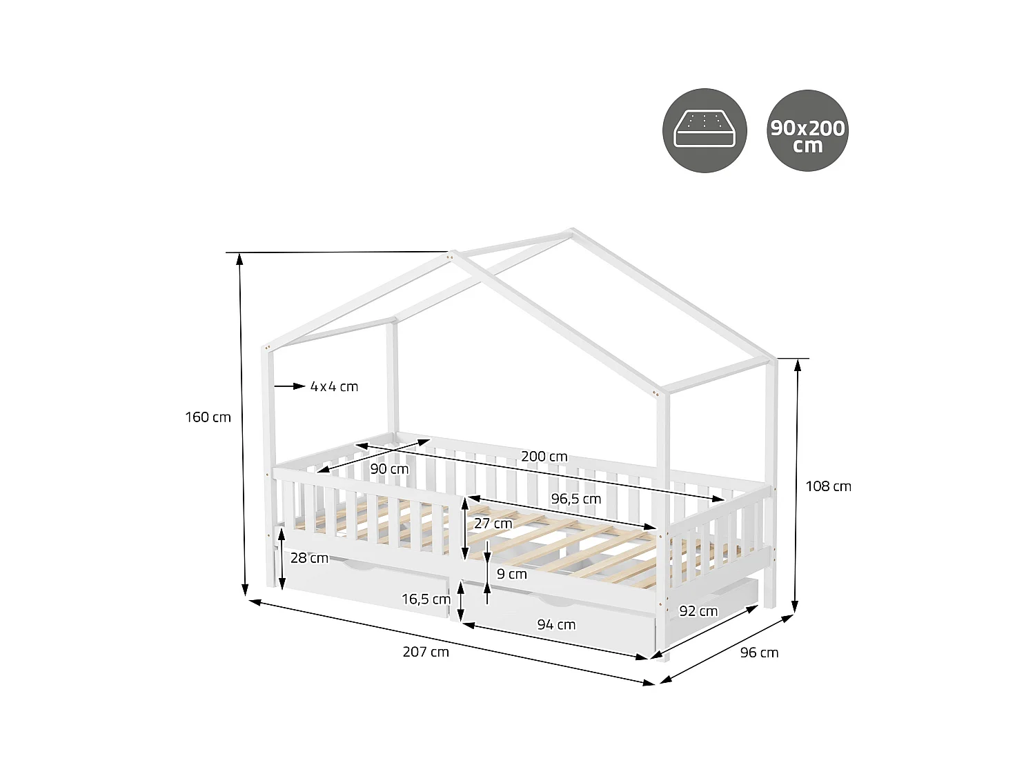 ML-Design Letto a casetta per bambini 90x200 cm in legno di pino naturale con 2 cassetti contenitore e rete a doghe, letto per cameretta bimbi