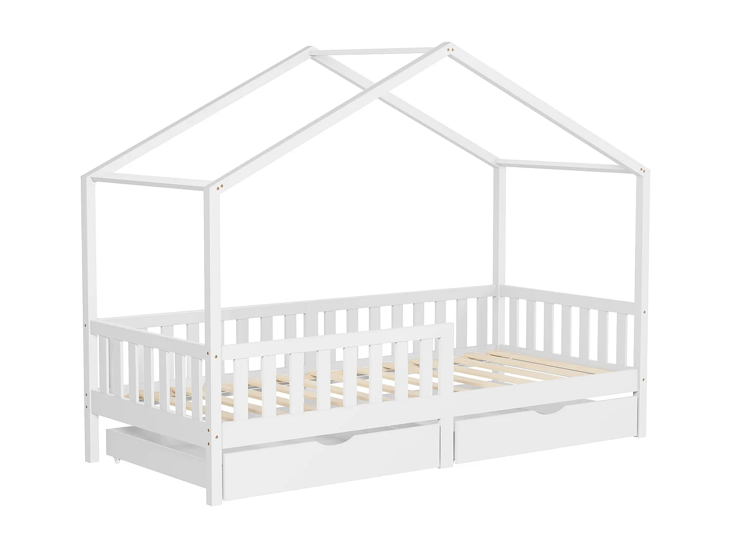 Lit cabane enfant 90x200cm blanc en bois avec 2 tiroirs protection antichute toit et sommier à lattes couchage au bas style maison pour fille garçon