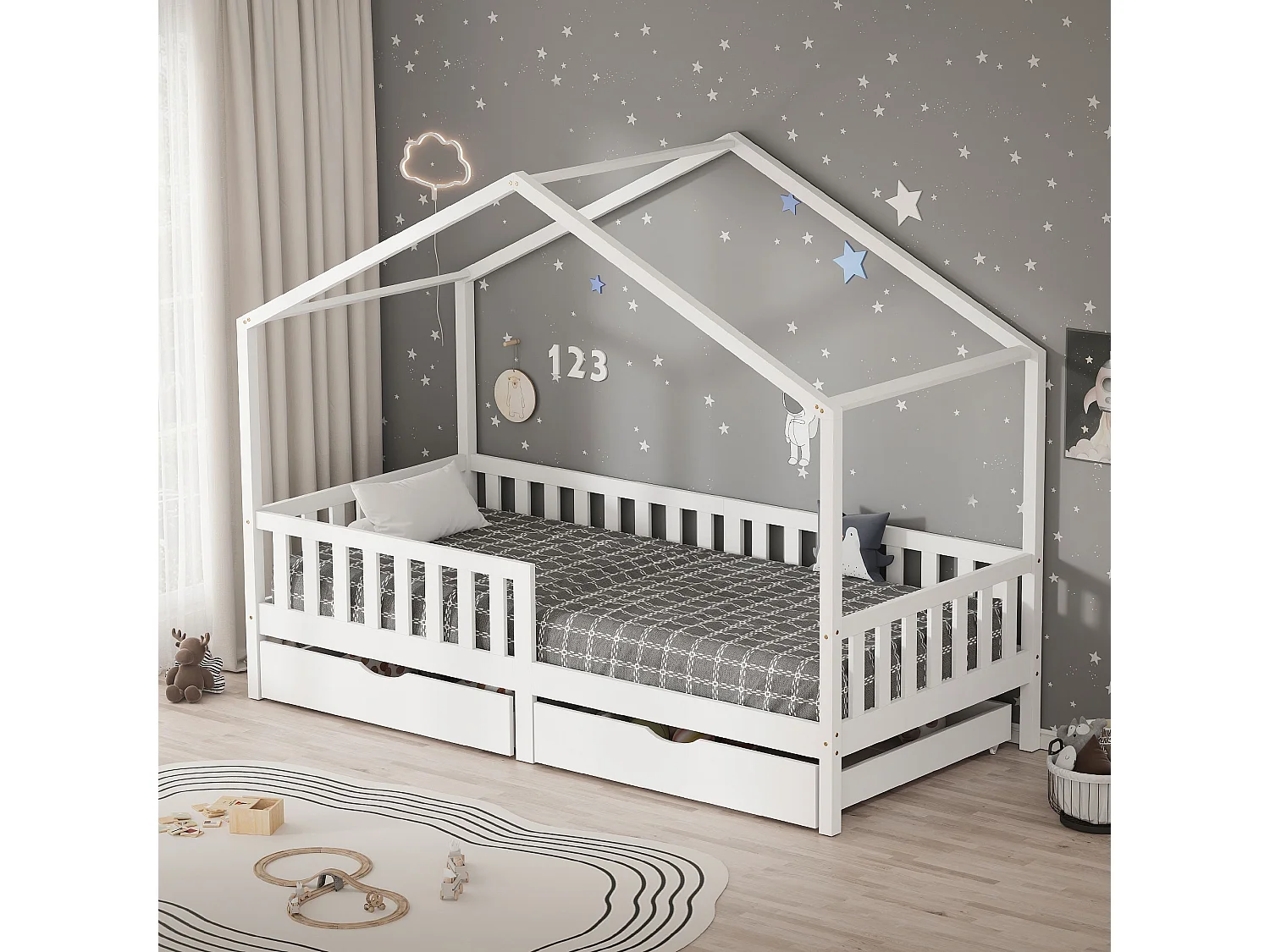 Lit cabane enfant 90x200cm blanc en bois avec 2 tiroirs protection antichute toit et sommier à lattes couchage au bas style maison pour fille garçon