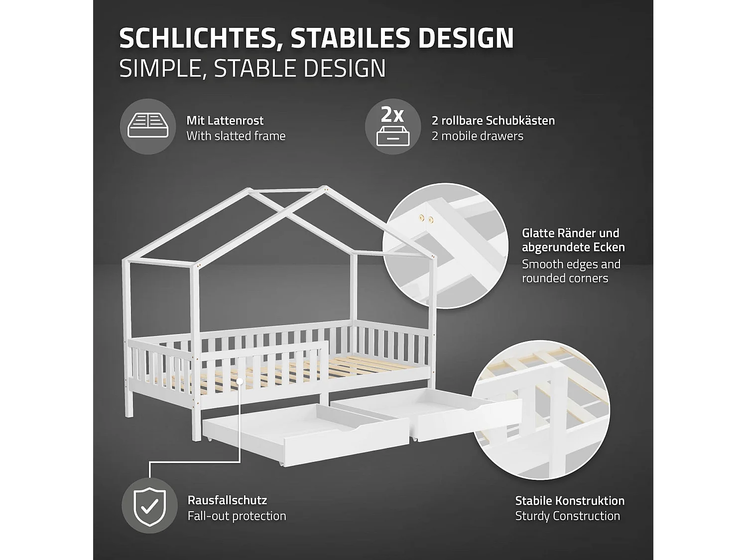 Lit cabane enfant 90x200cm blanc en bois avec 2 tiroirs protection antichute toit et sommier à lattes couchage au bas style maison pour fille garçon