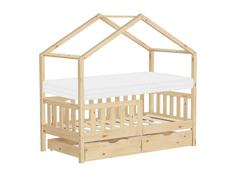 ML-Design Cama infantil casa 70x140cm con colchón y 2 cajones, madera natural maciza litera junior con somier de láminas, techo y protección anticaída