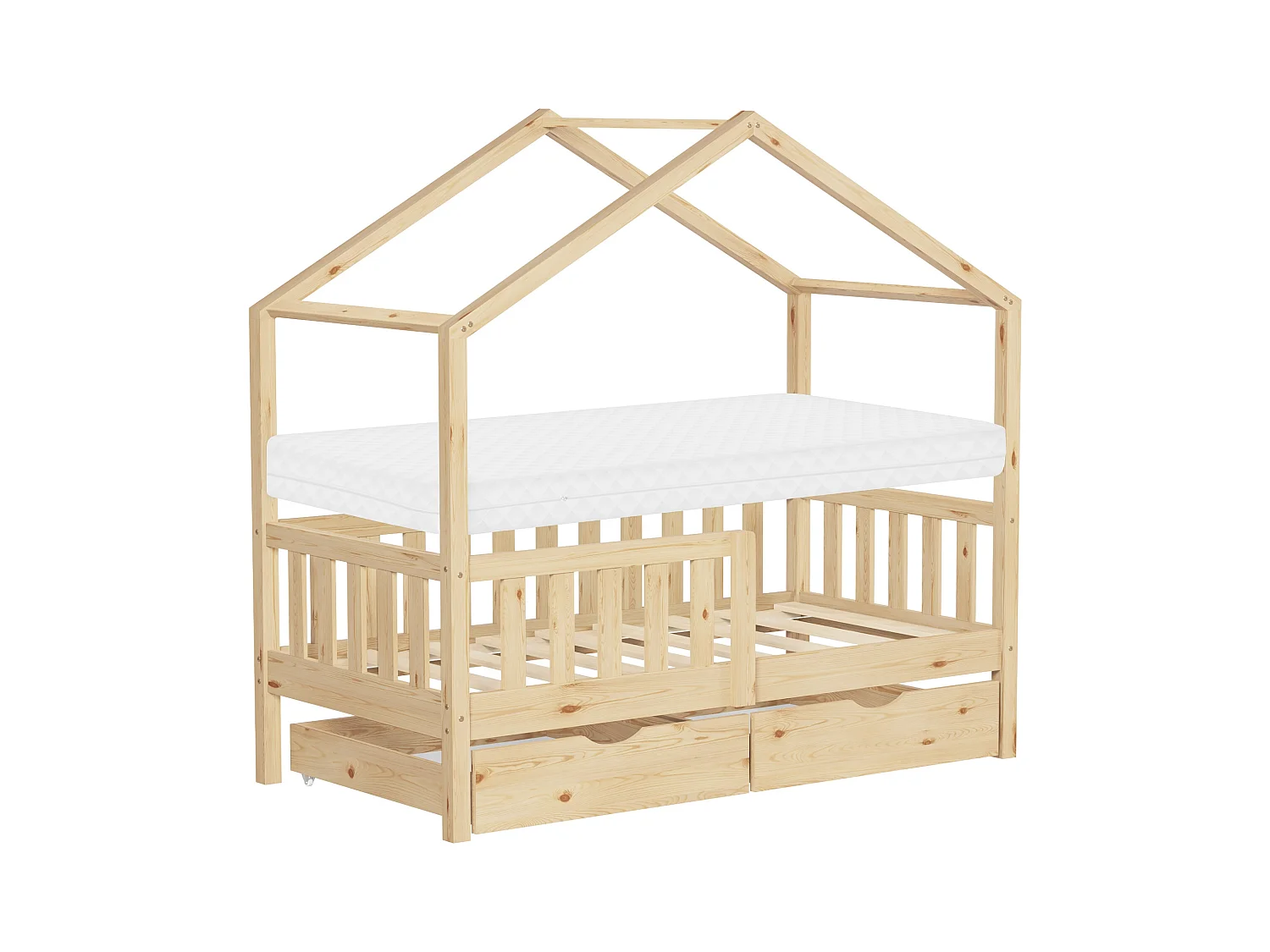 Lit cabane enfant 70x140 cm naturel avec matelas et 2 tiroirs en bois de pin massif protection antichute toit et sommier à lattes cadre montessori