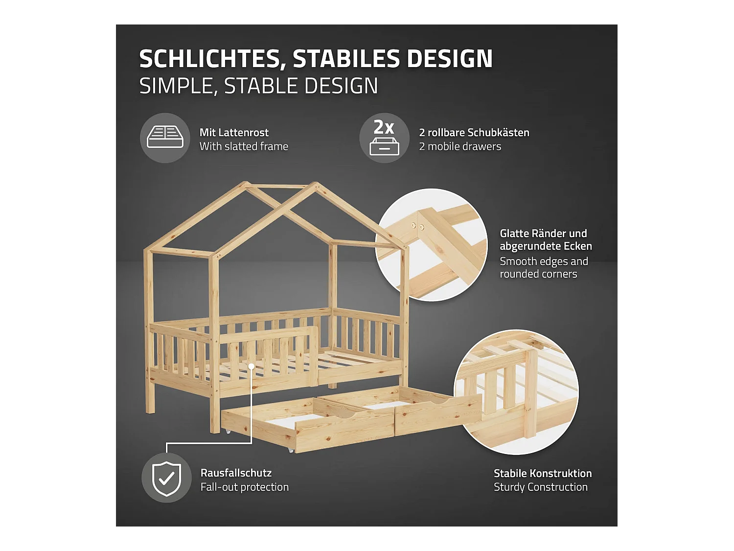 Lit cabane enfant 70x140 cm naturel avec matelas et 2 tiroirs en bois de pin massif protection antichute toit et sommier à lattes cadre montessori