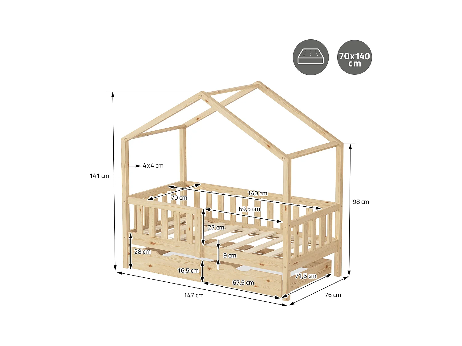 Lit cabane enfant 70x140 cm naturel avec matelas et 2 tiroirs en bois de pin massif protection antichute toit et sommier à lattes cadre montessori