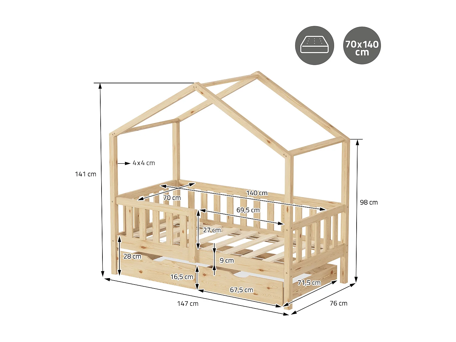 ML-Design Letto a casetta per bambini 70x140 cm con materasso in pino naturale, 2 cassetti contenitore, sponde anticaduta, letto per cameretta bimbi